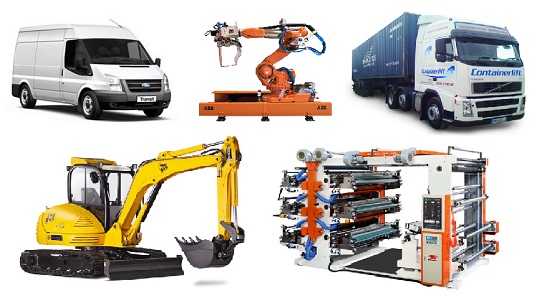 Van, industrial robot, truck, JCB, printing press